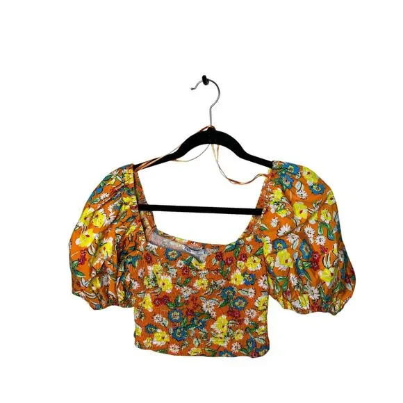 ZARA Floral Orange Crop Top Puffy Sleeve Women's Size Large - Picture 2 of 9